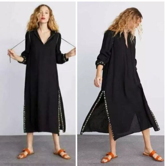 Zara seashells linen black embellished midi dress size XS has pockets vacation‎ - Picture 1 of 12